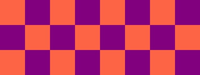 Checkerboard banner. Purple and Tomato colors of checkerboard. Big squares, big cells. Chessboard, checkerboard texture. Squares pattern. Background.