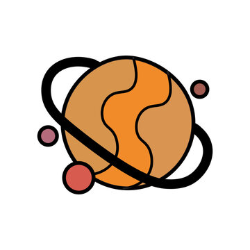 Orange planet with ring. Cartoon design. Cosmic space. Astronomy science. Simple art. Vector illustration. Stock image.