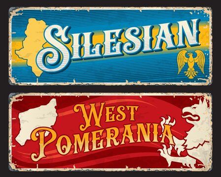 Silesian and West Pomerania polish voivodeship plates and travel stickers. Vector vintage banners with Poland territory map, touristic landmarks and heraldic eagle and lion. Aged retro signs, boards