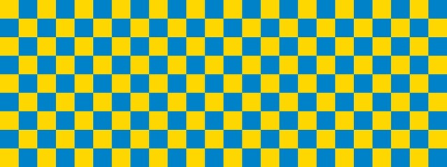 Checkerboard banner. Blue and Gold colors of checkerboard. Small squares, small cells. Chessboard, checkerboard texture. Squares pattern. Background.