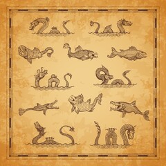 Vintage map elements. Serpent, dragon, leviathan sketch. Ocean mythology monsters and hand drawn vector legendary deep sea beasts, scary fishes and marine animal, ancient nautical map historical decor © Vector Tradition