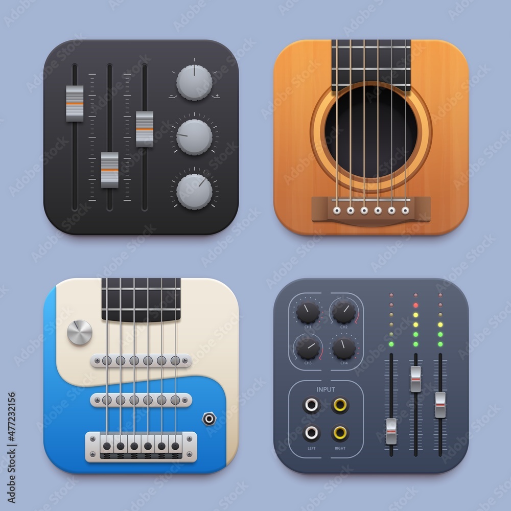 Poster Sound record, music sound mixer, guitar app icon. Vector electric and acoustic string instruments, equalizers and tuners 3d elements. Buttons for player, ui graphic of mobile application or website