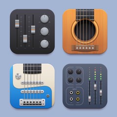 Sound record, music sound mixer, guitar app icon. Vector electric and acoustic string instruments, equalizers and tuners 3d elements. Buttons for player, ui graphic of mobile application or website
