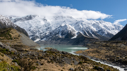 Fototapeta na wymiar Glacial Lake on the Hooker Valley Track in summer with snowy mountain range to Mt Cook New Zealand