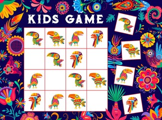 Kids sudoku game worksheet. Mexican toucan birds, feathers and flowers, vector puzzle. Kids tabletop sudoku riddle or board game with mexican birds, cactus and flowers to find and match