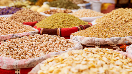 Egyptian Dried food products on the Arab street market stall.