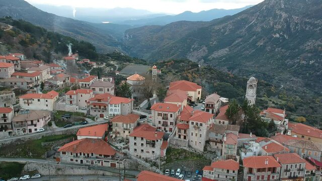 Aerial view over the beautiful historical village Dimitsana during winter period in Arcadia, Peloponnese, Greece