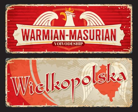 Wielkopolska and Warmian Masurian polish voivodeship plates and travel stickers. Vector vintage banners with Poland map, heraldic eagle in crown, shield and wings. Touristic grunge signs or boards