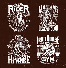 Fototapeta premium Tshirt prints with horse stallion heads, equestrian sport, racing and fitness club vector mascots. Mare animal, horse and typography on brown grunge background. Bronco sports team t shirt prints set