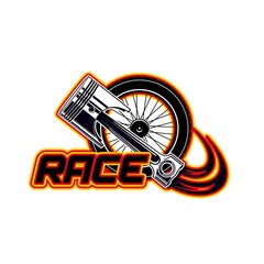 Racing icon wheel and piston, vector emblem for car race isolated on white background. Auto motor sport and street racing club label, engine valve and burning flame, rally tournament design element