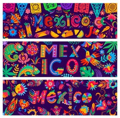 Mexican banners with food, chameleons and flowers, birds, feathers, papel picado flags and chilli peppers, decorated with bright ethnic ornament. National holiday of Mexico vector banners