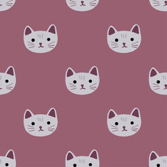 Kitty pattern seamless in freehand style. Head animals on colorful background. Vector illustration for textile.