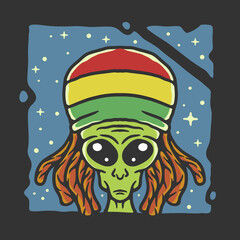 illustration of alien wearing reggae attribute in vintage style