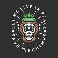 skull-faced chimpanzee illustration with slogan