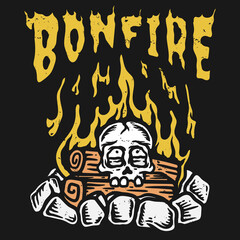 vintage illustration of skull on firewood and bonfire