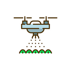 Drone sprinkling water over crops. Modern smart farming automated technology. Pixel perfect, editable stroke colorful icon