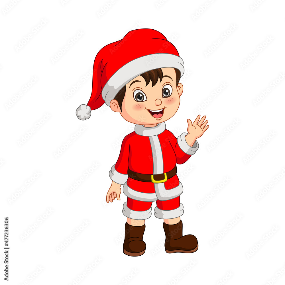 Wall mural cartoon little boy wear santa costume waving hand