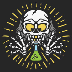illustration of crazy skull scientist with hand gripping erlenmeyer flask