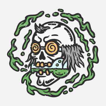 illustration of crazy skull scientist biting erlenmeyer flask and spilling green liquid