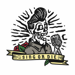 illustration of a skull singing carrying a microphone