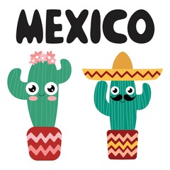 Two cute cartoon cactus characters greet in Mexico vector illustration. Simple happy cactus-girl and cactus-man and lettering Mexico white isolated. Set of two smiling succulents characters vector