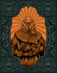 illustration scary eagle satan on engraving ornament frame