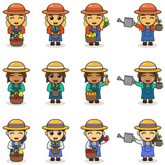 Cute Girlfarmer vector design with watering can, plant and vegetables. Vector illustration of Cartoon young farmer girl. Cute cartoon character. Isolated on white.