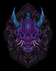 illustration oni mask with snake and engraving ornament