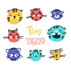 Cute funny cartoon tigers in naive kid drawn style. Collection of emoji. Tiny animal muzzles.