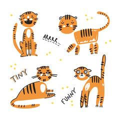 Cute funny cartoon tigers in naive kid drawn style. Collection of emoji. Tiny animal characters.