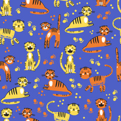 Seamless pattern with cute funny cartoon tigers in naive kid drawn style. Tiny animal characters.