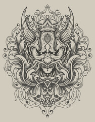 illustration oni mask with snake and engraving ornament