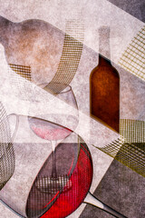 Abstract collage with bottle and glass of red wine, double exposure