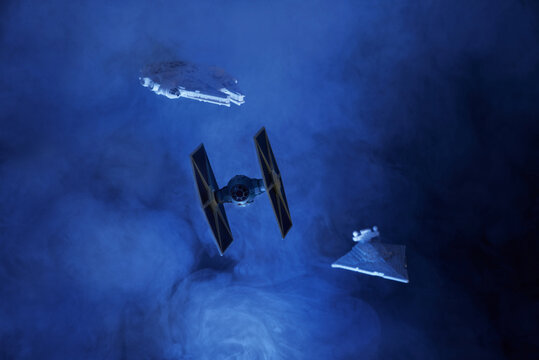 Photo of star wars tie fighter, millennium falcon and star destroyer shot on april 26 2020
