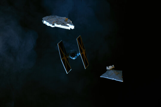Photo of star wars tie fighter, millennium falcon and star destroyer shot on april 26 2020