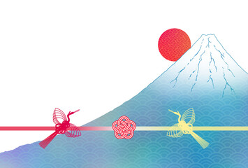 ハガキ　日の出富士に水引の鶴と梅のイラスト 2 - obrazy, fototapety, plakaty