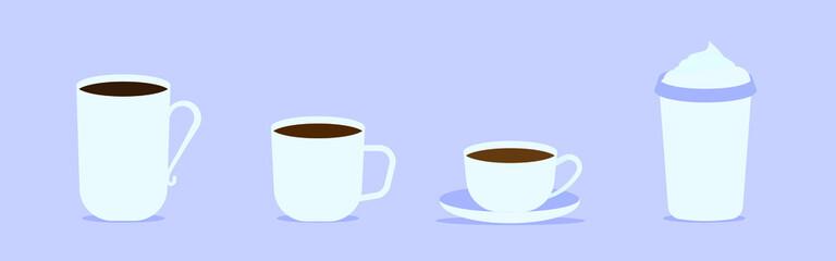 Coffee mug in flat style. A set of three cups, stock vector.
