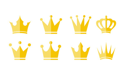 Flat vector illustration of gold crown icon set. Suitable for design element of luxury, premium, and best product label. Gold king crown symbol in flat style.