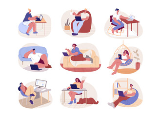 Freelancers man and woman with laptop and computer work at home. Set of vector concepts. Illustration in a flat style.