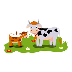 Cute cartoon illustration of mom and kids, farm animal cow and calf. Vector isolated on a white background.