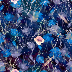 Watercolor background with wild herbs and wildflowers. Vintage seamless watercolor pattern of plants, Herbs, flowers, poppy, spike, cereal, wheat, dandelion. stylish pattern. Abstract paint splash.