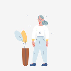 A woman is standing next to a flowerpot and smiling. flat design style vector illustration.