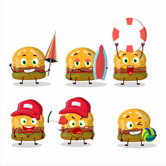 Happy Face hamburger gummy candy cartoon character playing on a beach