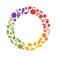 Rainbow set of silhouettes of fruits, vegetables, herbs, berries in a circle shape. Colorful vector illustration with organic  food on a white background