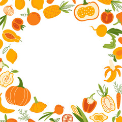 Various yellow and orange vegetables, fruits - round design template with text space. Frame with vegetable products in flat style. Vector illustration with plant food