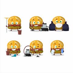 Cleaning service hamburger gummy candy cute cartoon character using mop