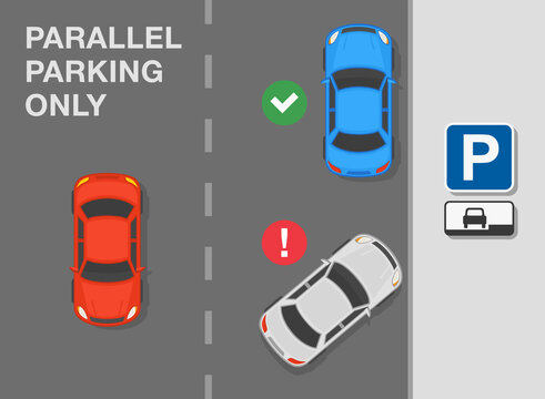 Outdoor parking rules. Top view of a correct and incorrect parked cars on city road. "Parallel parking only" sign. Flat vector illustration template.
