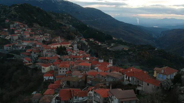 Aerial view over the beautiful historical village Dimitsana during winter period in Arcadia, Peloponnese, Greece