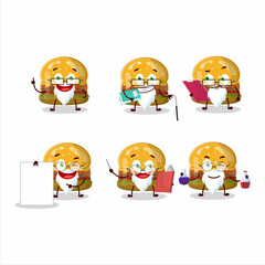 Professor hamburger gummy candy academic cartoon character working on laboratory