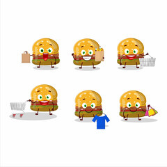 A Rich hamburger gummy candy mascot design style going shopping